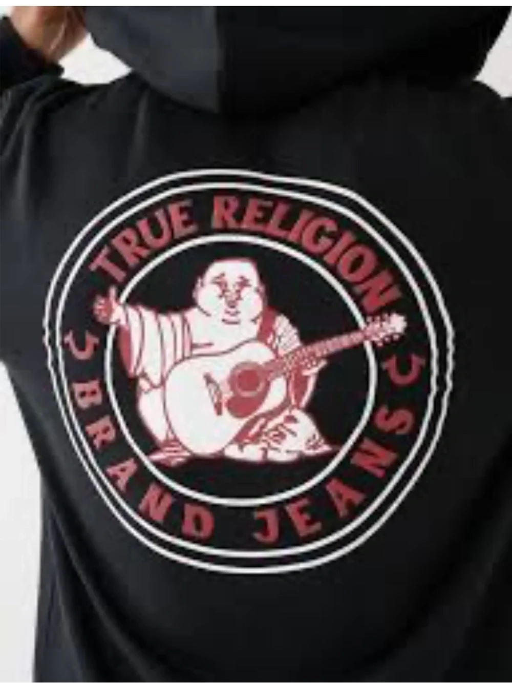 True Religion Black Hoodie with Red Buddha Seal Graphic